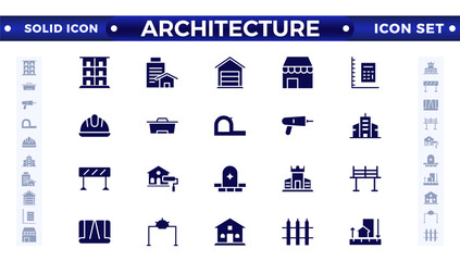 Architecture solid icons collection. Bank, temple, office, factory, shop, hotel, hospital icons. UI icon set. Apartment interior blueprint. House construction.