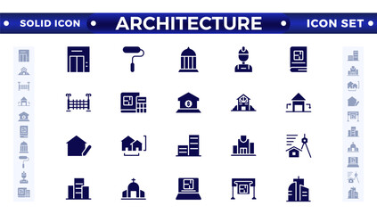 Architecture solid icons collection. Bank, temple, office, factory, shop, hotel, hospital icons. UI icon set. Apartment interior blueprint. House construction.