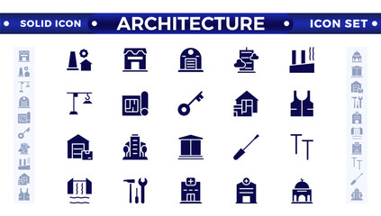 Architecture solid icons collection. Bank, temple, office, factory, shop, hotel, hospital icons. UI icon set. Apartment interior blueprint. House construction.