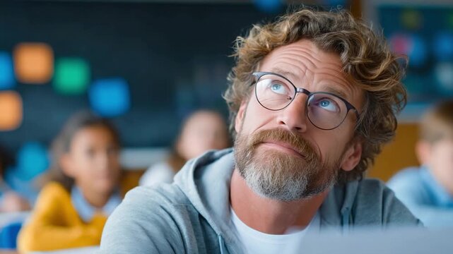 The Contemplative Teacher: A focused educator gazes upward with a thoughtful expression in a lively classroom. This image encapsulates inspiration, dedication, and the power of knowledge.