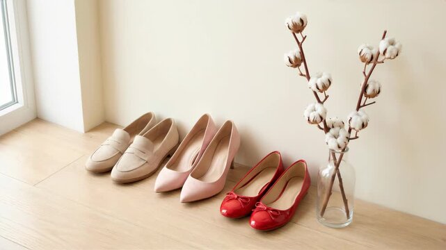 Three pairs of shoes beige loafers, pink heels and red flats neatly lined up on wooden floor next to vase with cotton branches