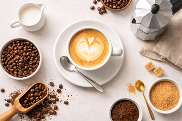 Overhead view of a delicious latte with heart art, surrounded by coffee beans, ground coffee, milk, sugar, and a moka pot on a light surface.
