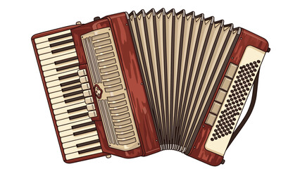 Detailed illustration of a traditional red and white musical accordion shows the bellows and keys used for playing music.