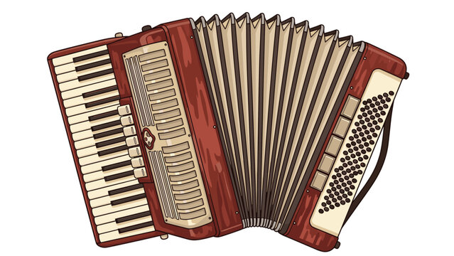 Detailed illustration of a traditional red and white musical accordion shows the bellows and keys used for playing music.