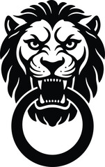 Minimal vector silhouette, antique door knocker shaped like a lion&rsquo;s head, solid black, isolated on white.