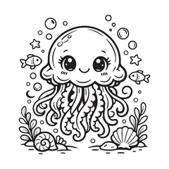 Fototapeta premium Baby Jellyfish Friendly Coloring Page, Cute Ocean Animal Line Art
