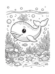 Obraz premium Baby Whale Underwater Coloring Page, Cute Ocean Scene Black and White Line Art