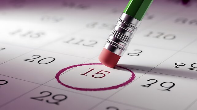 Green pencil erasing circled date fifteen on calendar page indicating schedule change