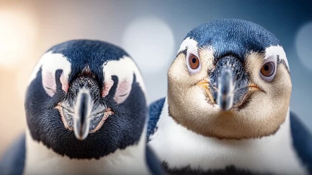 Playful Penguin Pair: A charming portrait of two penguins staring directly at the camera, their unique markings and inquisitive eyes reflecting the beauty of the Antarctic. 
