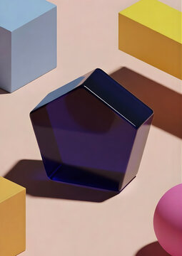 Blue pentagonal prism with colorful geometric cubes and spheres