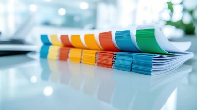 Document Stack: An array of documents, each color-coded with vibrant tabs, rests on a reflective surface, representing organization and productivity.