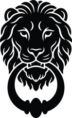 Minimal vector silhouette, antique door knocker shaped like a lion&rsquo;s head, solid black, isolated on white.