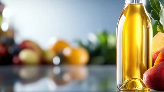 Essence of Freshness: A close-up shot of a bottle with transparent, golden liquid, accompanied by an array of vibrant, juicy fruits. A visual ode to refreshment and purity.