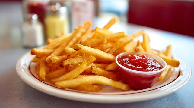 A delicious restaurant meal of crispy fried fish and chips served on a plate with golden fries and tomato ketchup for a fast food lunch or snack
