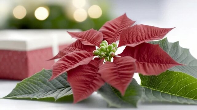 Festive Poinsettia Delight: A vibrant poinsettia bloom, with its iconic red bracts and lush green foliage, serves as a centerpiece, evoking the joy and festive spirit of the holiday season.