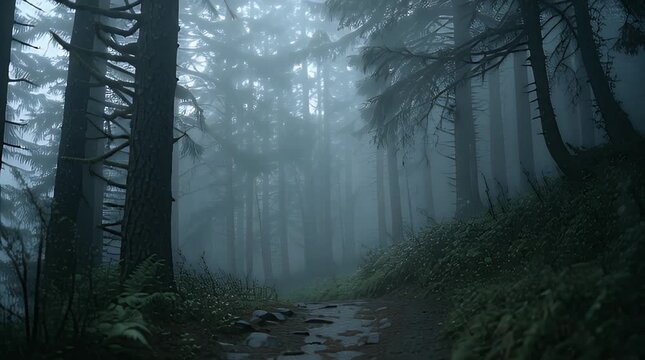 Mysterious winding path through foggy forest, eerie misty trees, dim lighting, cinematic exploration from ground viewpoint