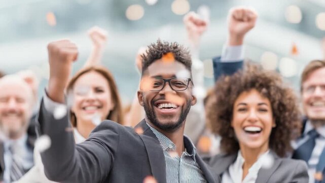 Triumphant Team: A diverse group of business professionals celebrates a shared achievement, their faces alight with unbridled joy and camaraderie.
