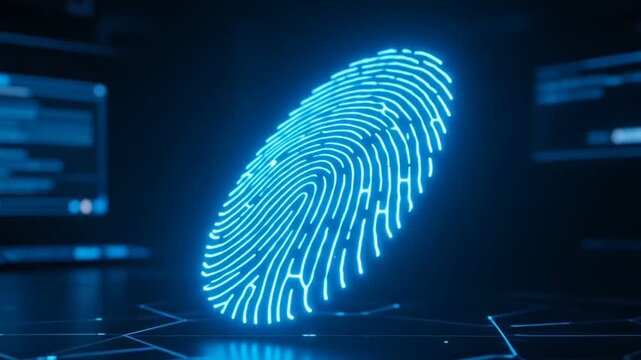 Glowing Neon Digital Fingerprint Biometric Security Concept