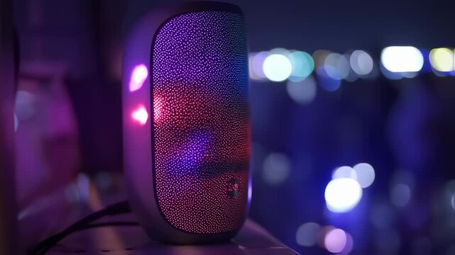 Close up of a modern rgb speaker with colorful lights changing in the dark, showing audio technology and ambiance setting for music enjoyment