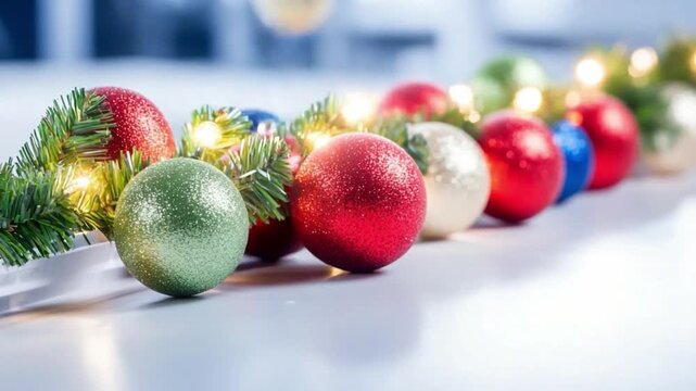 Festive Ornament Garland: A row of colorful ornaments, interspersed with twinkling fairy lights and lush greenery, creates a captivating and joyous holiday display.