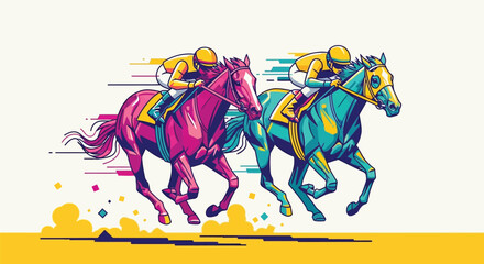 Vibrant horse racing jockeys competing fiercely on colorful horses © Gimhana