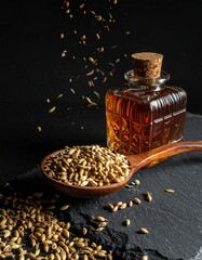 A still life of a dark, square bottle with a cork stopper, next to a wooden spoon filled with seeds and scattered grains