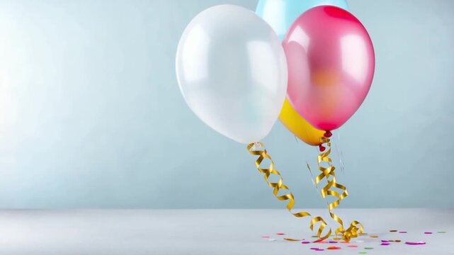 Festive Balloons: Three vibrant balloons, with ribbons and confetti, rise against a pastel backdrop, adding a touch of cheer and joy to the scene.