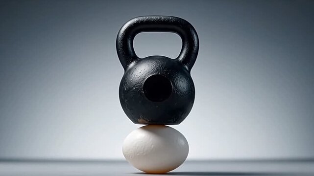Surreal Balance of Heavy Kettlebell Resting on Fragile White Egg