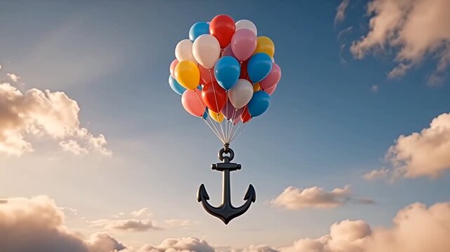 Surreal Floating Heavy Anchor Lifted by Colorful Balloons in Sky