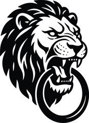 Minimal vector silhouette, antique door knocker shaped like a lion&rsquo;s head, solid black, isolated on white.