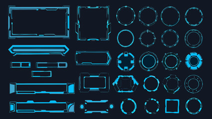 Collection of glowing blue futuristic user interface elements and shapes © Nipa