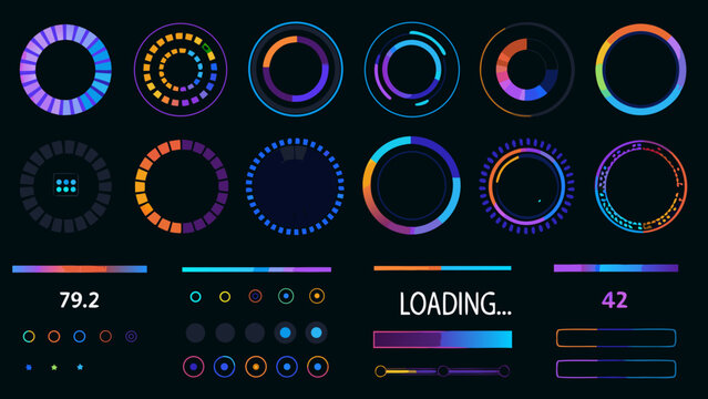 A collection of vibrant circular loading indicators and progress bars