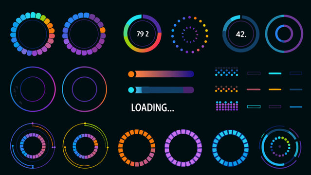 Collection of colorful loading indicators and progress bars on a dark background