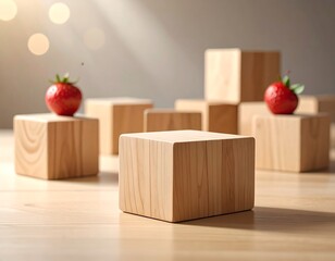A still life of several wooden cubes with vibrant red strawberries placed on some. Soft lighting, bokeh background