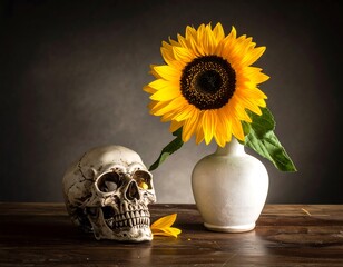 A still life showcases a skull beside a bright sunflower in a vase on a wooden surface, set against a dark, moody backdrop