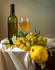 A still life showcases a wine bottle, filled glass, a cluster of green grapes, and a yellow fruit on a draped surface. Soft lighting