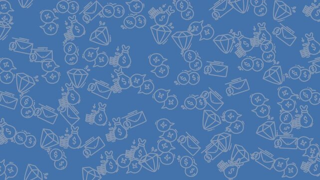 Repeating pattern of money, diamonds, and bags on blue. Perfect for financial presentations, business websites, or moneyrelated marketing materials.