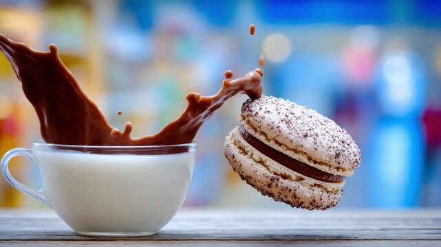 Delightful Dessert: A delectable macaroon takes flight as a rich chocolate splash erupts from a teacup. A visually appealing and tasty treat in a moment of playful delight.