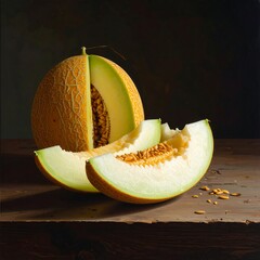 A still-life captures a halved melon, showcasing bright yellow flesh and seeds, alongside two slices. The arrangement rests on a wooden surface