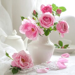 A still-life captures a vase of pink roses, some in full bloom, some buds, on a table. A tea set and petals complete the scene