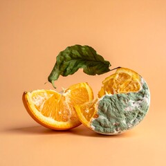 A still-life image shows parts of an orange with one slice fresh and the rest decaying with mold, on a peach colored backdrop