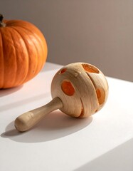 A still-life scene features a small wooden rattle with cutout holes and a large pumpkin. Light and shadows create interest