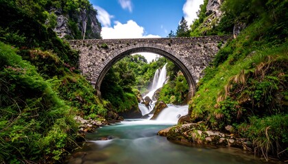 A stone arch bridge spans a roaring waterfall in a lush, green mountain gorge on a bright, sunny day