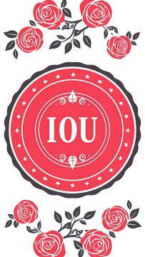 A red and white IOU graphic with roses