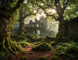A stone castle ruin, overgrown with moss, nestles amidst towering trees and a sunlit forest
