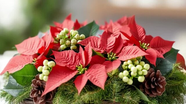 Festive Poinsettia Arrangement: A vibrant poinsettia arrangement, showcasing the iconic red bracts and green foliage, perfectly capturing the holiday spirit.