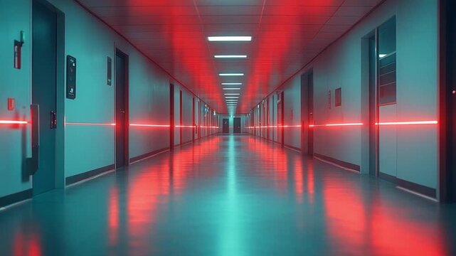 Cybernetic Hallway: The neon-lit hallway creates a futuristic perspective with symmetrical lines. It sets a mood of anticipation.