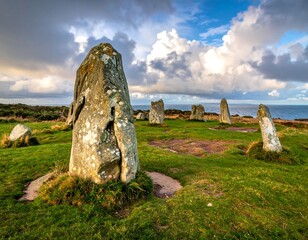 A stone circle stands on a green hillside overlooking the ocean under a cloudy sky. The ancient site glows with light