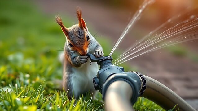 specious. A squirrel chewing on a garden hose with water spraying on the lawn. wildlife magazines, conservation campaigns, designed for eco-tourism storytelling, promotes animal welfare.
