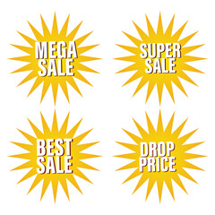 A comprehensive set of flat vector Sale Discount icons and yellow solar symbols featuring bright orange rays andDrop  Discount Promotion signs for hot sunlight design and nature illustrations